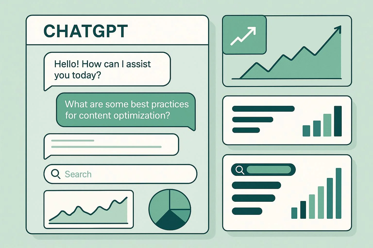 Step-by-step ChatGPT optimization guide illustrating how to improve website visibility in ChatGPT search results through structured data, authority building, and conversational content